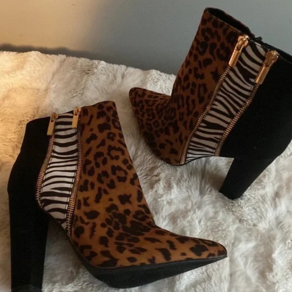Multi print “justfab” heeled boots